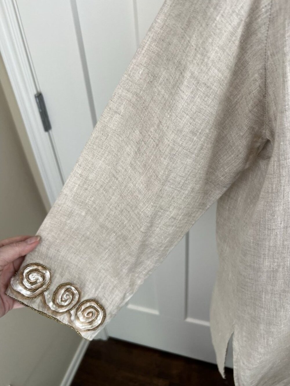 Key Lime & Pink Linen Tunic M Embellished Rosette Beaded Boho Top 3/4 Sleeve - Picture 9 of 11